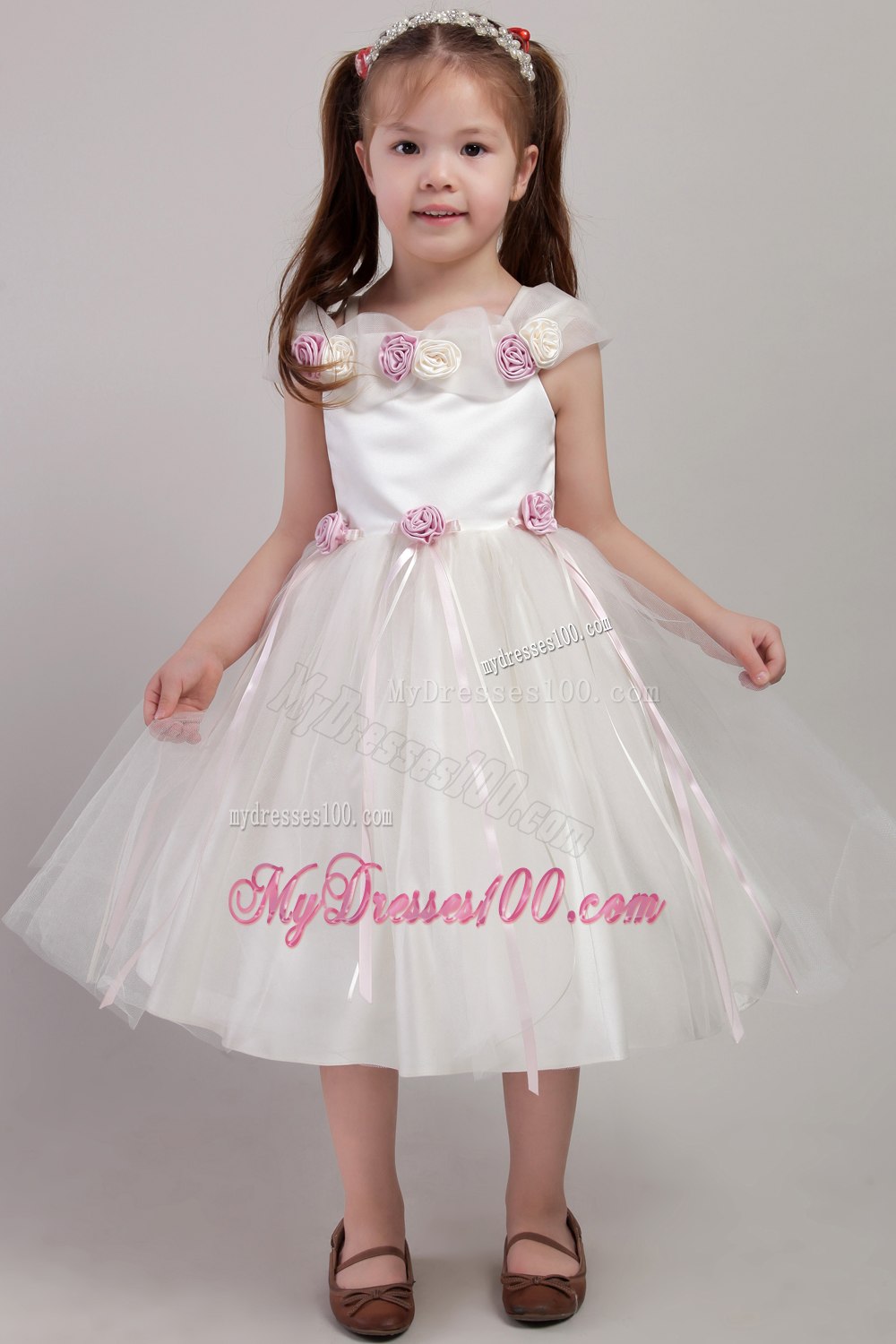White A-line Square Tea-length Tulle Handle Made Flowers Little Girl Dress