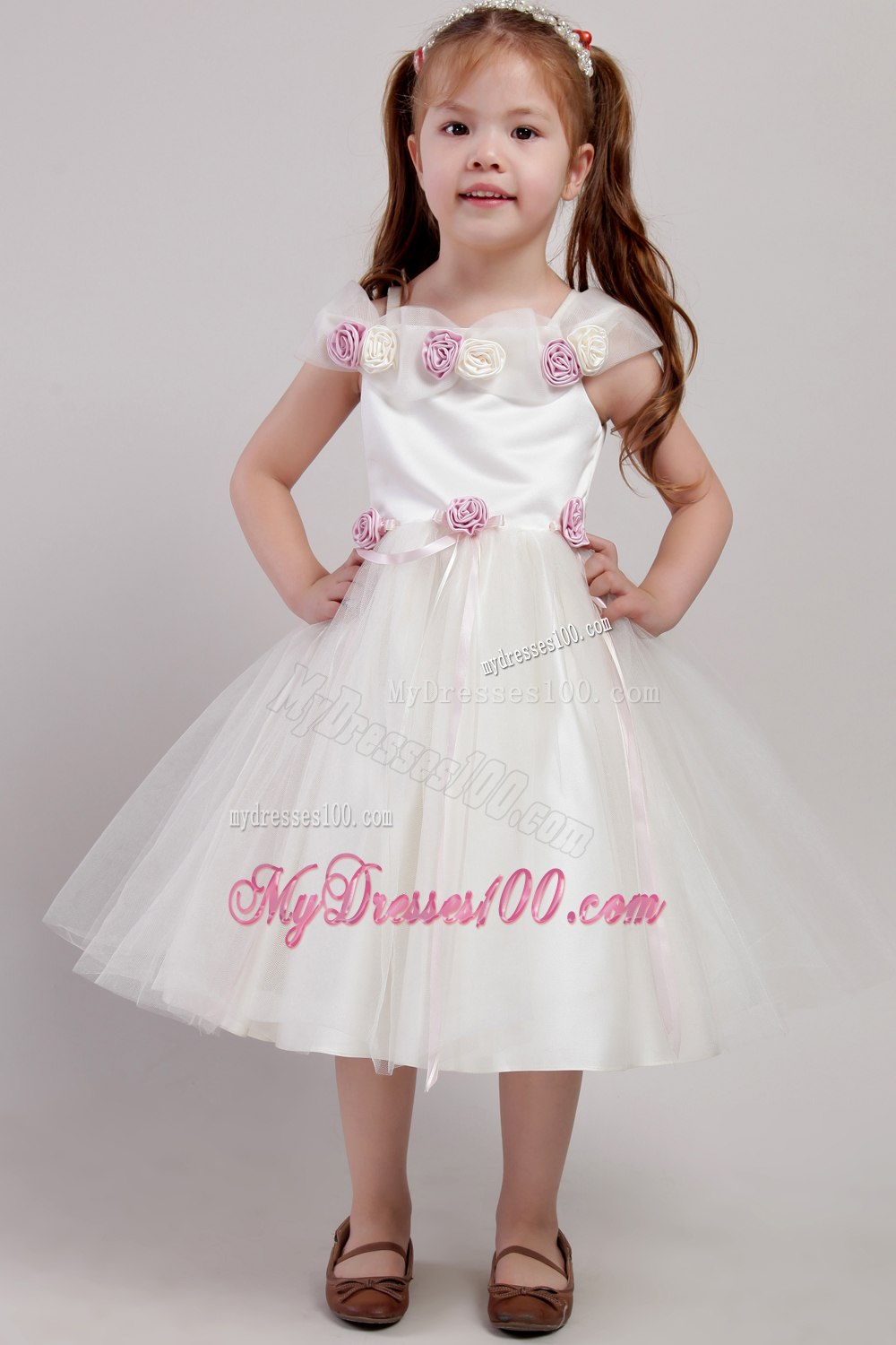 White A-line Square Tea-length Tulle Handle Made Flowers Little Girl Dress