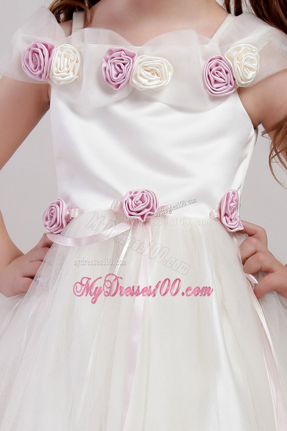 White A-line Square Tea-length Tulle Handle Made Flowers Little Girl Dress