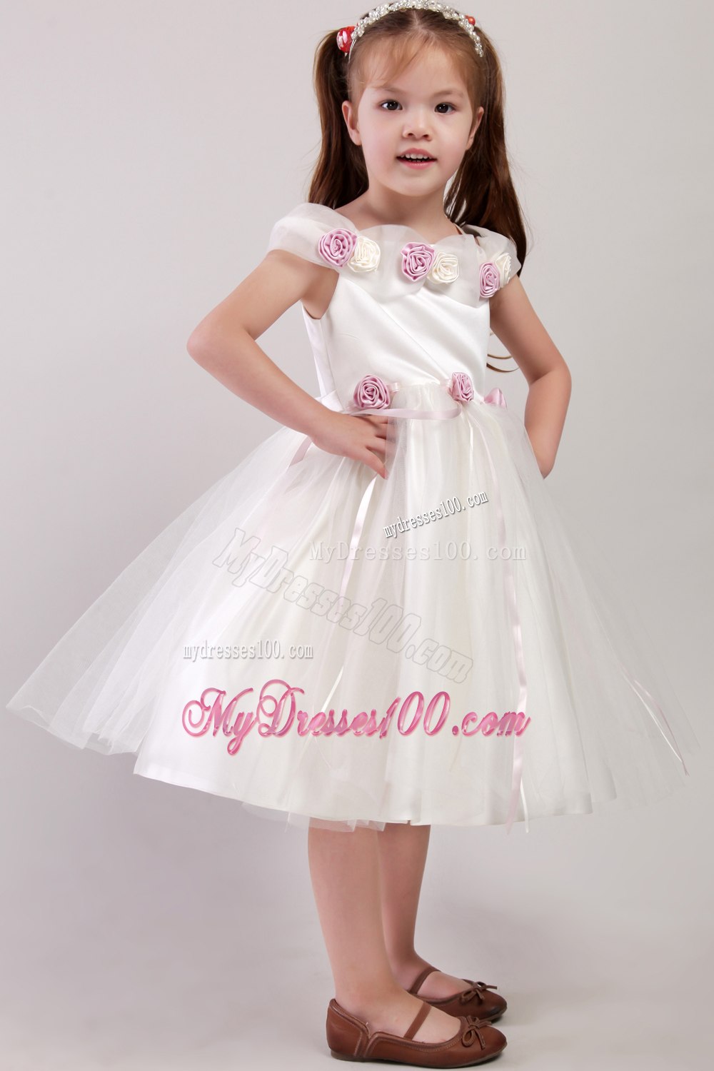 White A-line Square Tea-length Tulle Handle Made Flowers Little Girl Dress