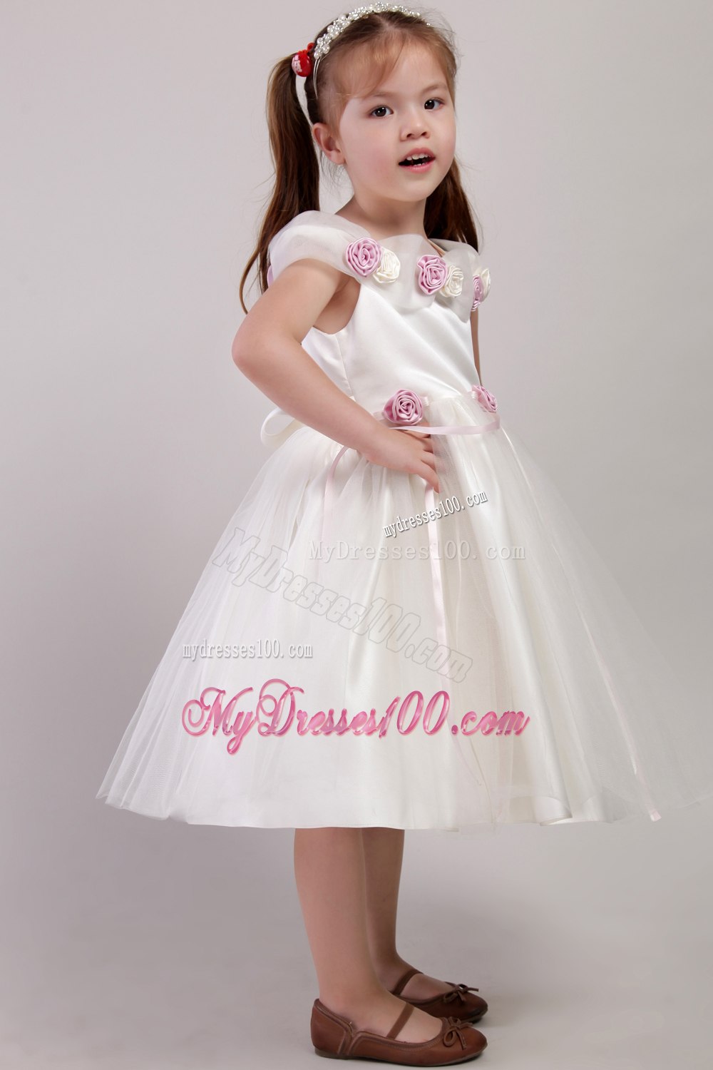 White A-line Square Tea-length Tulle Handle Made Flowers Little Girl Dress