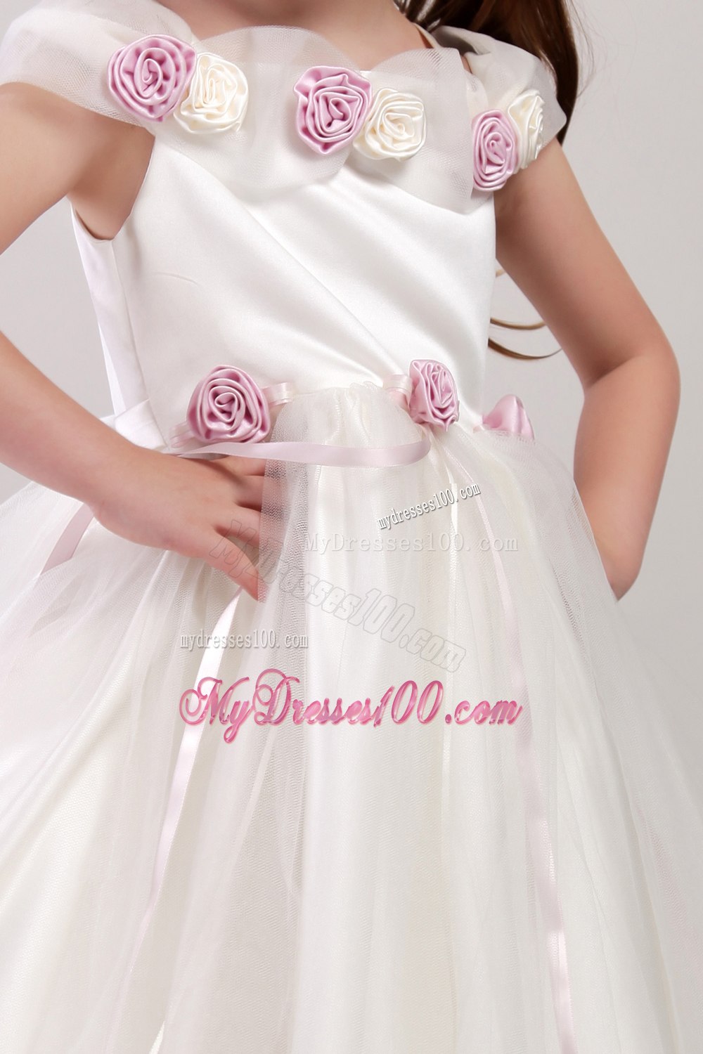 White A-line Square Tea-length Tulle Handle Made Flowers Little Girl Dress