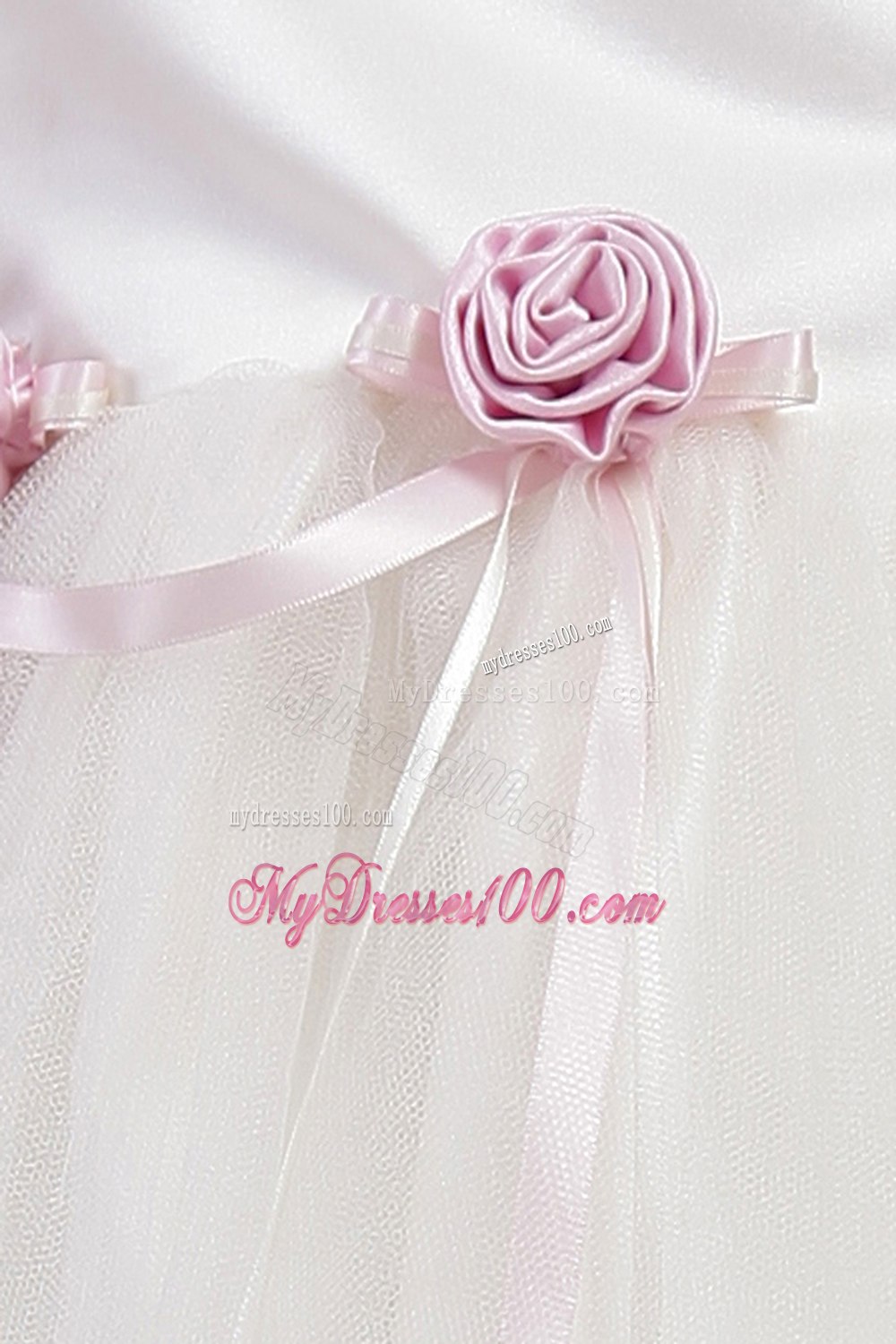 White A-line Square Tea-length Tulle Handle Made Flowers Little Girl Dress