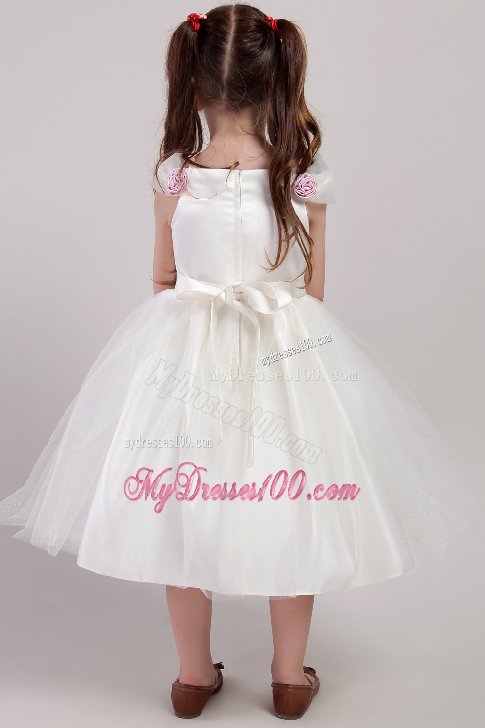 White A-line Square Tea-length Tulle Handle Made Flowers Little Girl Dress
