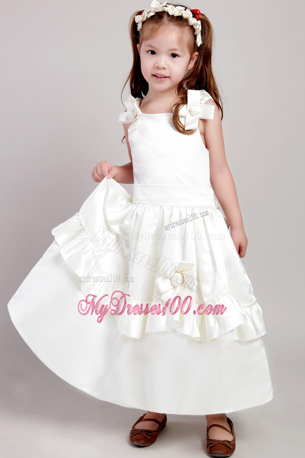 Floral White Straps Ankle-length Taffeta Bow Flower Girl Dress