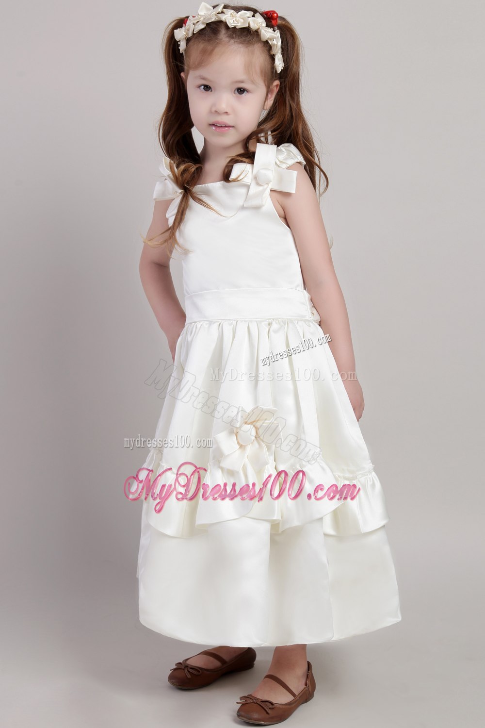 Floral White Straps Ankle-length Taffeta Bow Flower Girl Dress