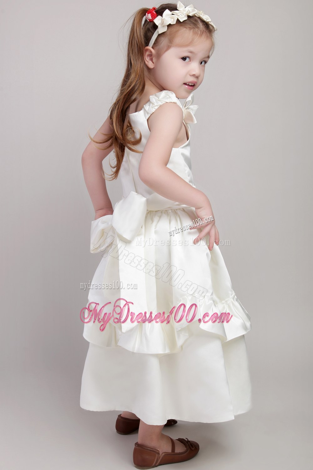 Floral White Straps Ankle-length Taffeta Bow Flower Girl Dress