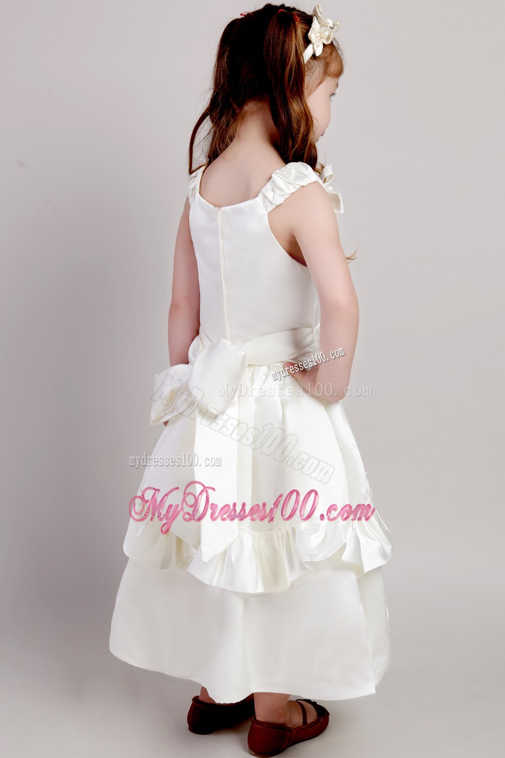 Floral White Straps Ankle-length Taffeta Bow Flower Girl Dress