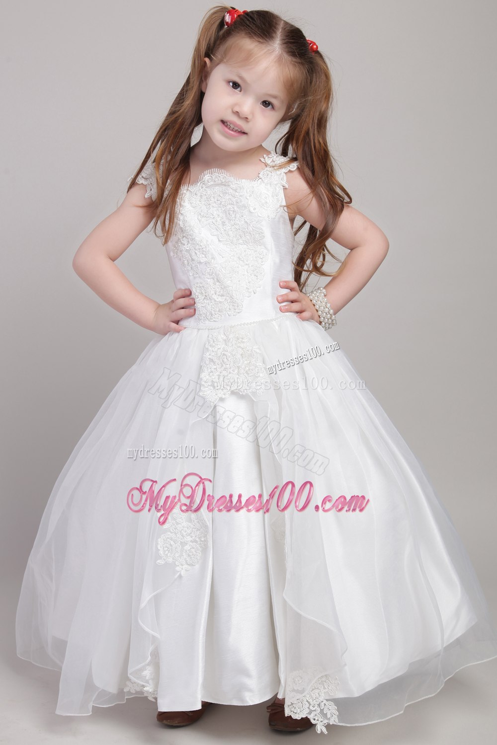 Beautiful Straps Ankle-length Taffeta and Organza Appliques Flower Girl Dress