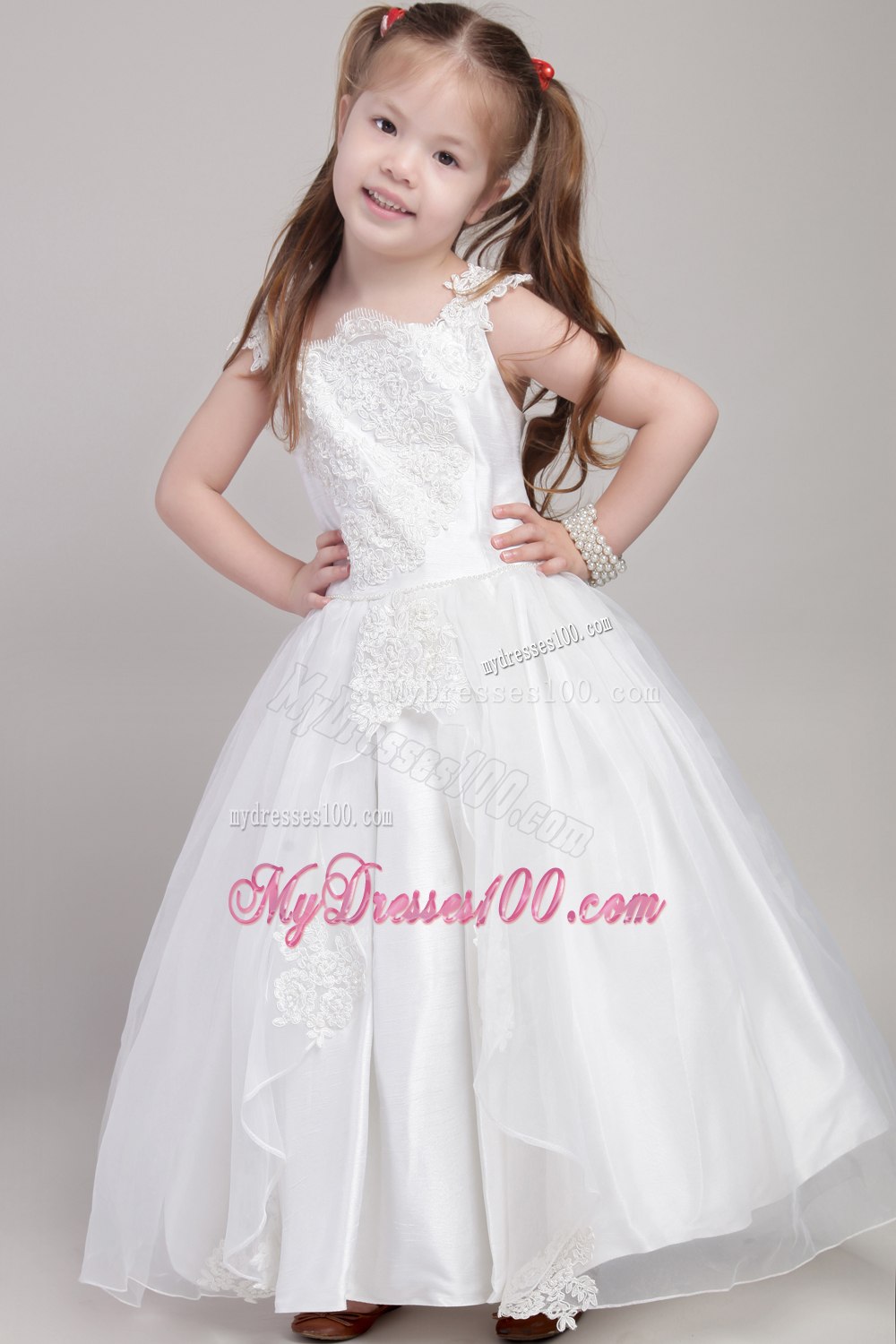 Beautiful Straps Ankle-length Taffeta and Organza Appliques Flower Girl Dress