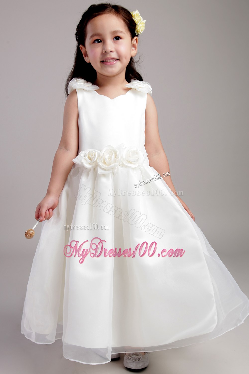 White A-line Straps Ankle-length Taffeta and Organza Hand Made Flowers Flower Girl Dress