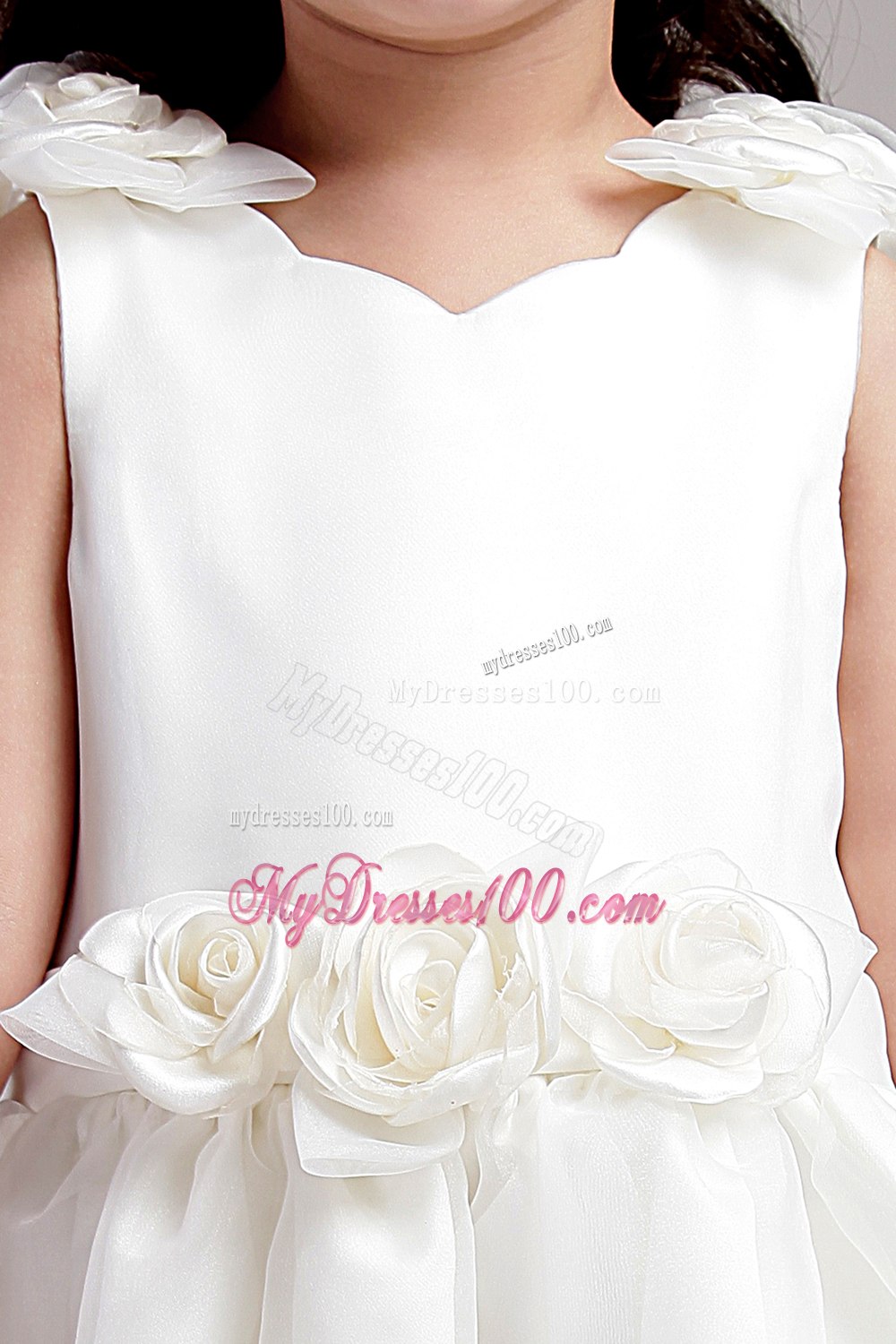 White A-line Straps Ankle-length Taffeta and Organza Hand Made Flowers Flower Girl Dress