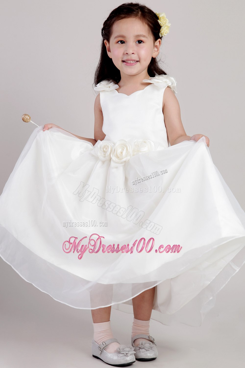 White A-line Straps Ankle-length Taffeta and Organza Hand Made Flowers Flower Girl Dress