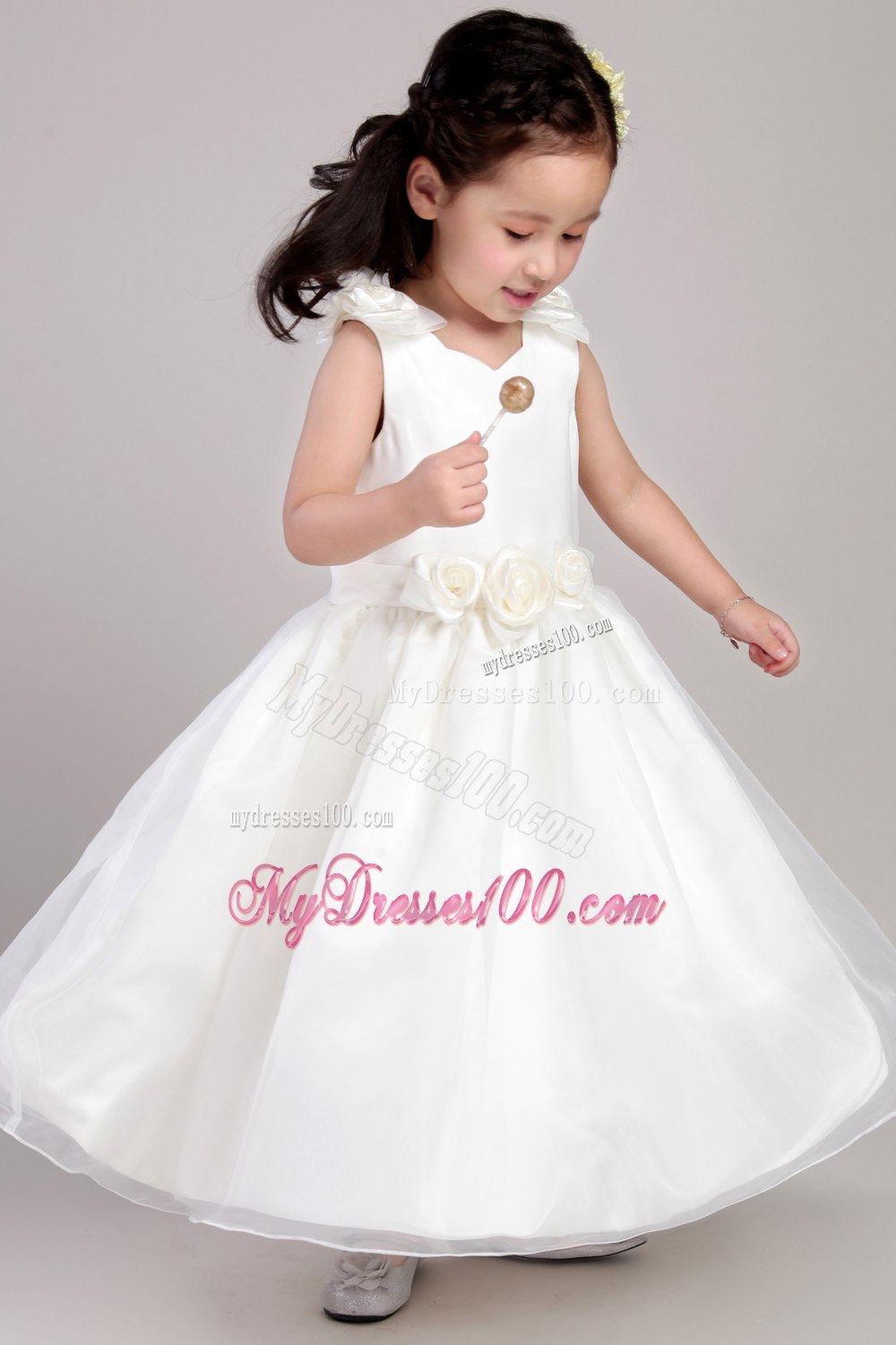 White A-line Straps Ankle-length Taffeta and Organza Hand Made Flowers Flower Girl Dress