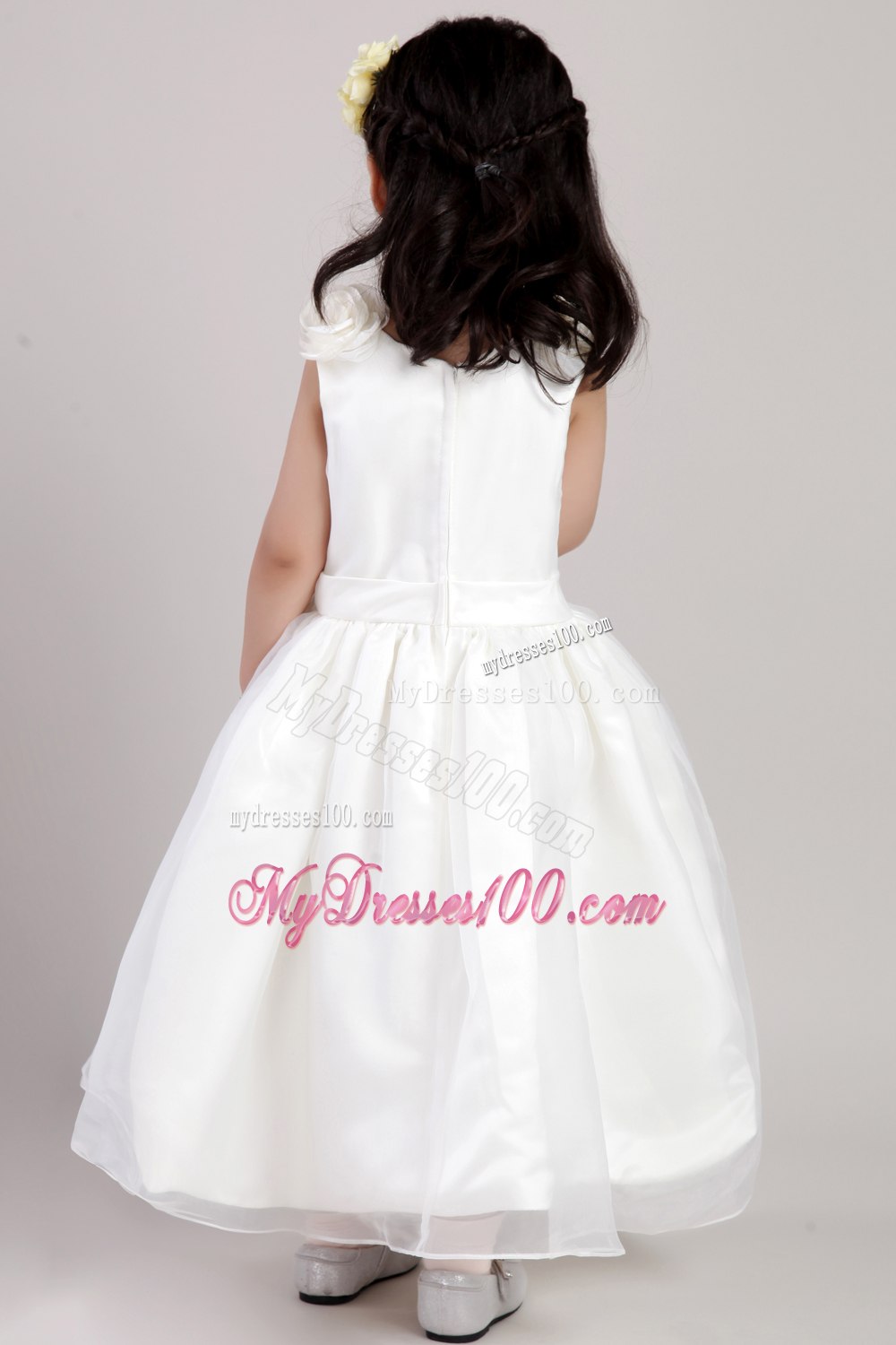 White A-line Straps Ankle-length Taffeta and Organza Hand Made Flowers Flower Girl Dress