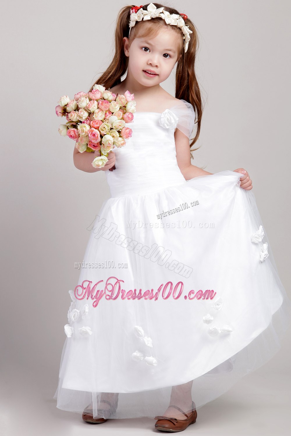 White A-line Straps Ankle-length Taffeta and Tulle Hand Made Flowers Flower Girl Dress