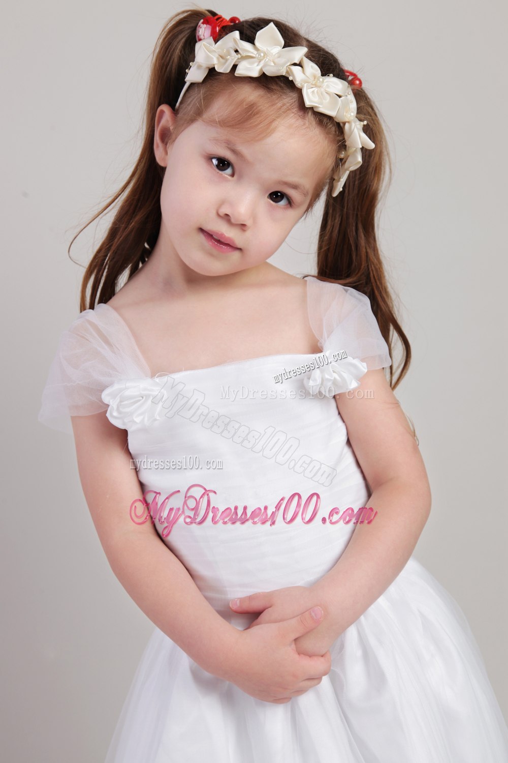 White A-line Straps Ankle-length Taffeta and Tulle Hand Made Flowers Flower Girl Dress