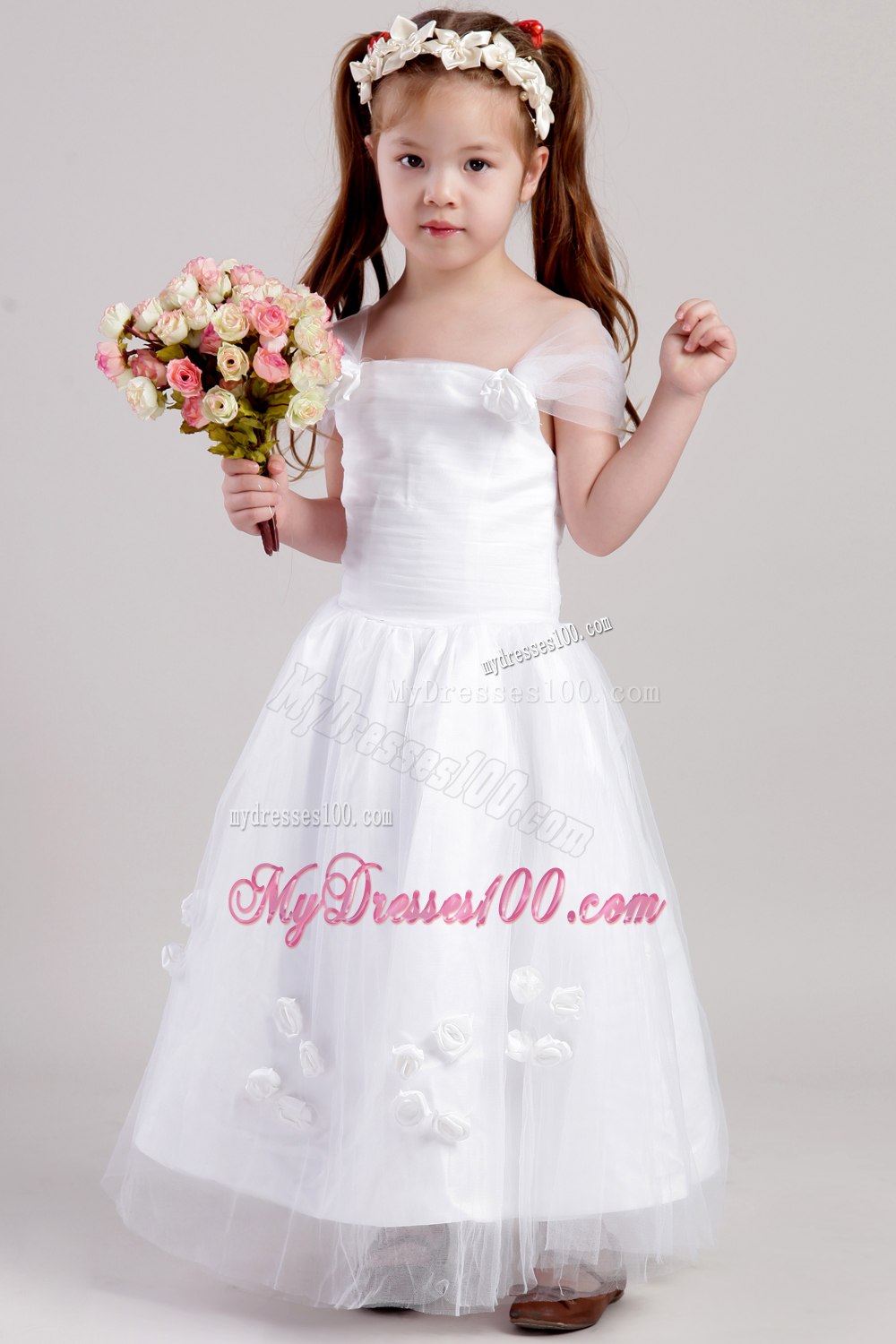 White A-line Straps Ankle-length Taffeta and Tulle Hand Made Flowers Flower Girl Dress