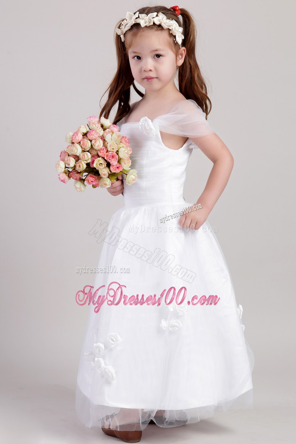 White A-line Straps Ankle-length Taffeta and Tulle Hand Made Flowers Flower Girl Dress