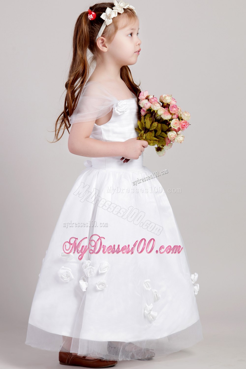White A-line Straps Ankle-length Taffeta and Tulle Hand Made Flowers Flower Girl Dress