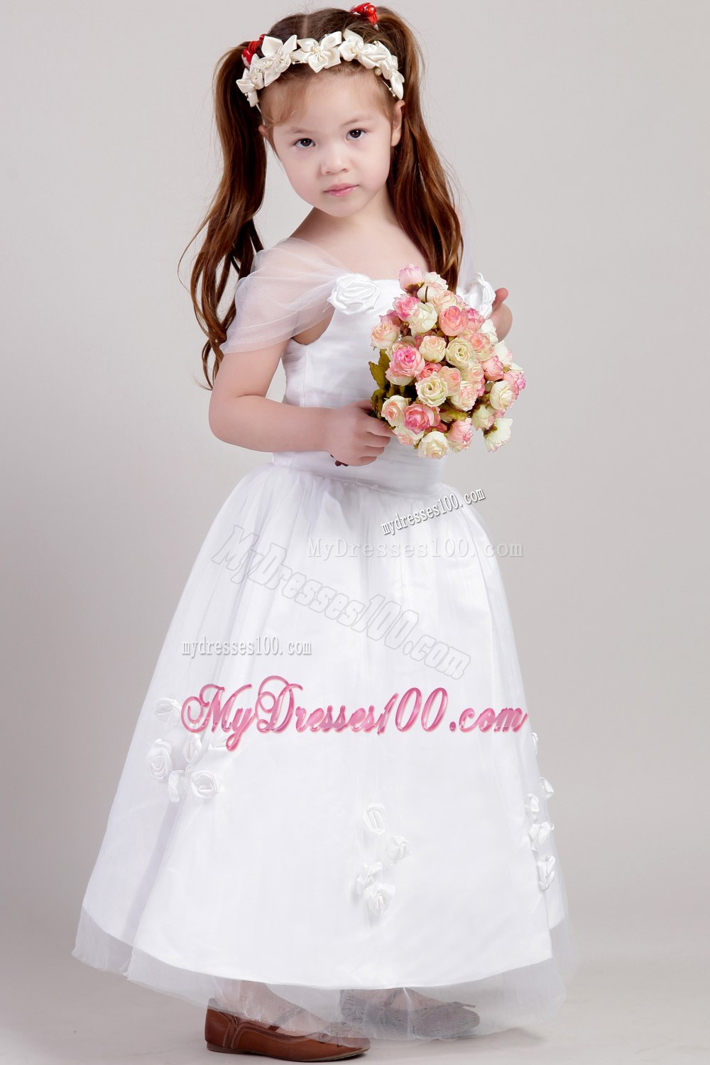 White A-line Straps Ankle-length Taffeta and Tulle Hand Made Flowers Flower Girl Dress