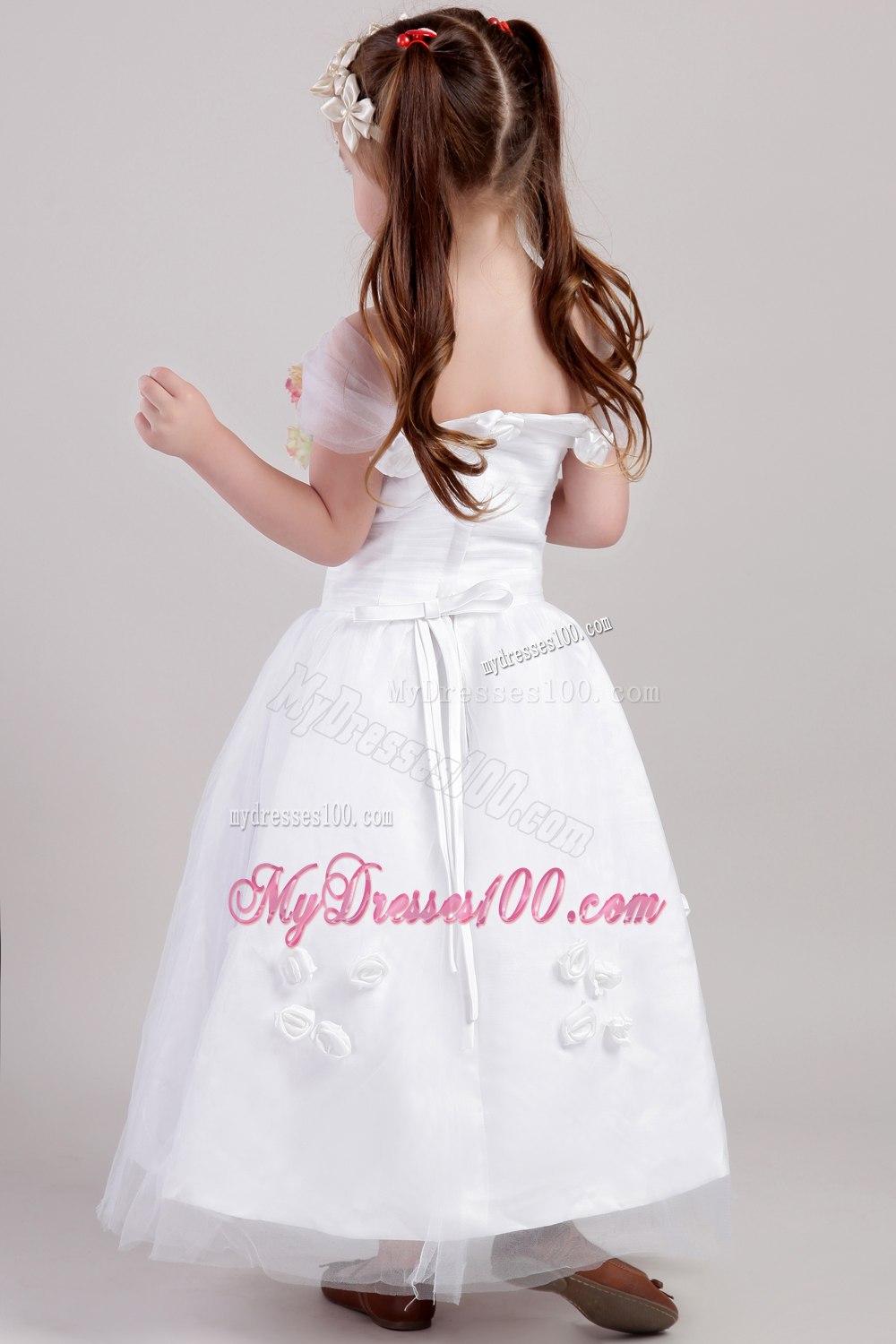 White A-line Straps Ankle-length Taffeta and Tulle Hand Made Flowers Flower Girl Dress