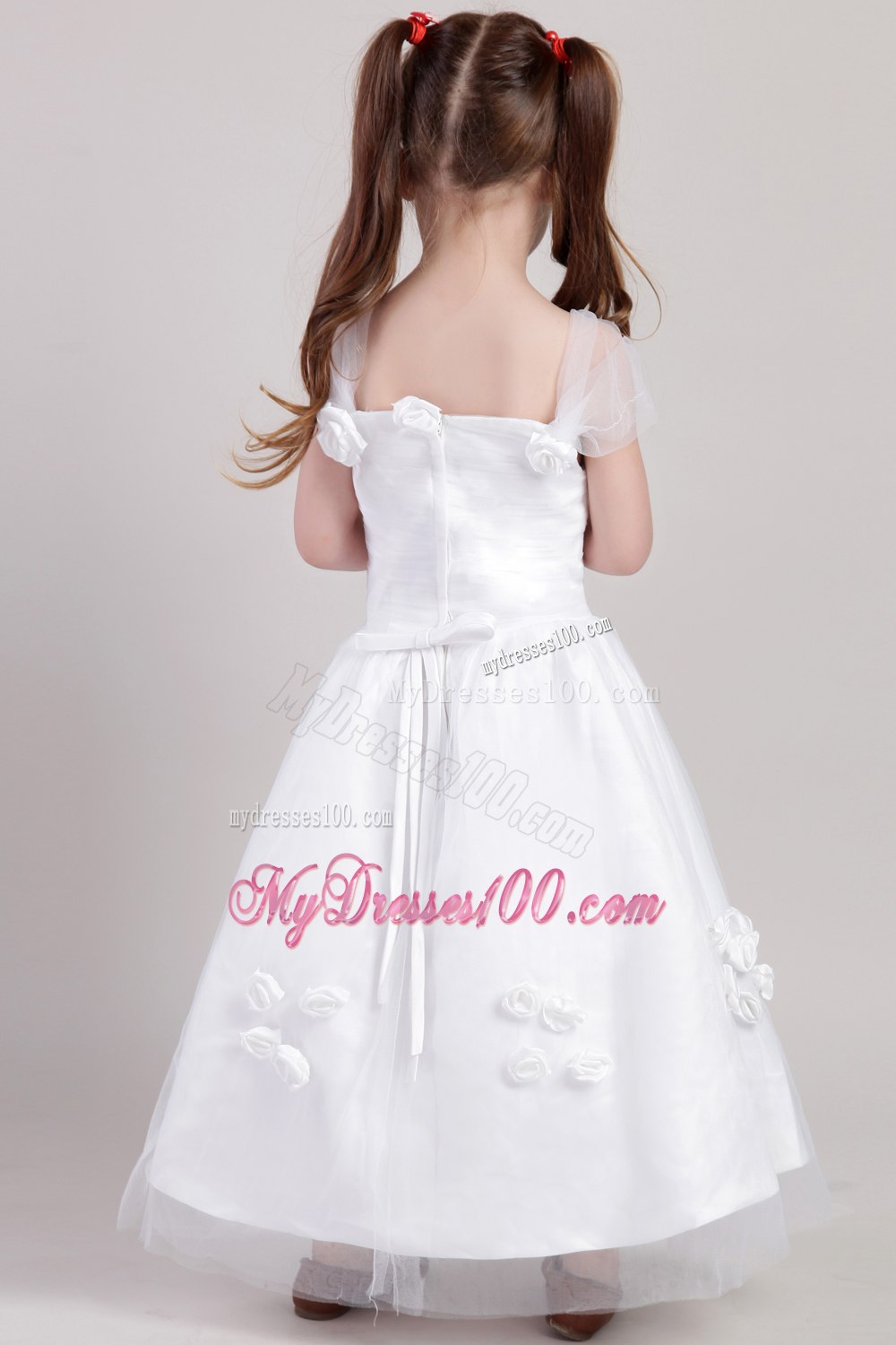White A-line Straps Ankle-length Taffeta and Tulle Hand Made Flowers Flower Girl Dress