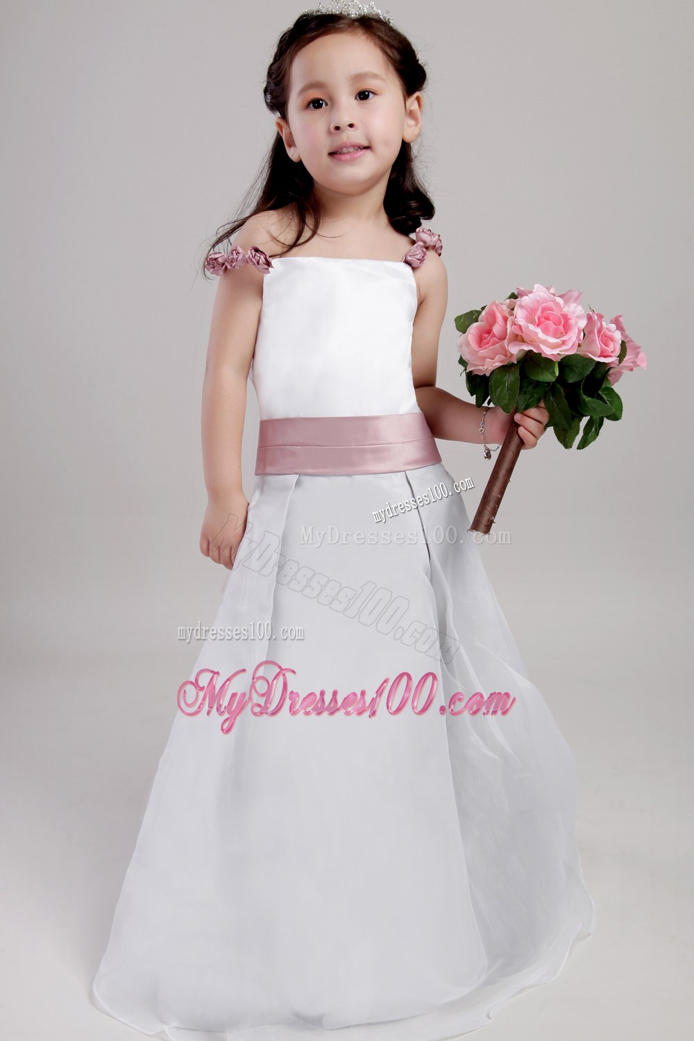 White A-line Straps Floor-length Taffeta and Organza Hand Made Flowers Flower Girl Dress