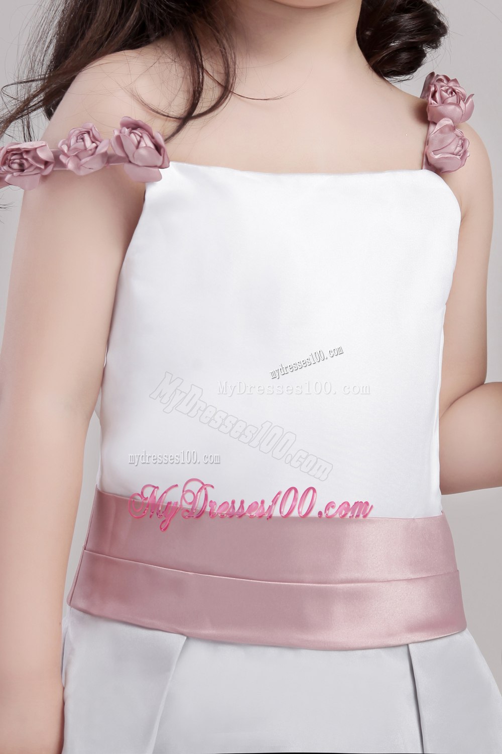 White A-line Straps Floor-length Taffeta and Organza Hand Made Flowers Flower Girl Dress
