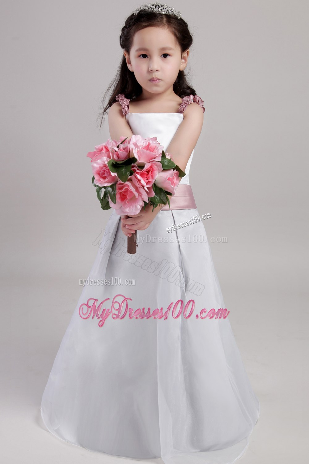 White A-line Straps Floor-length Taffeta and Organza Hand Made Flowers Flower Girl Dress