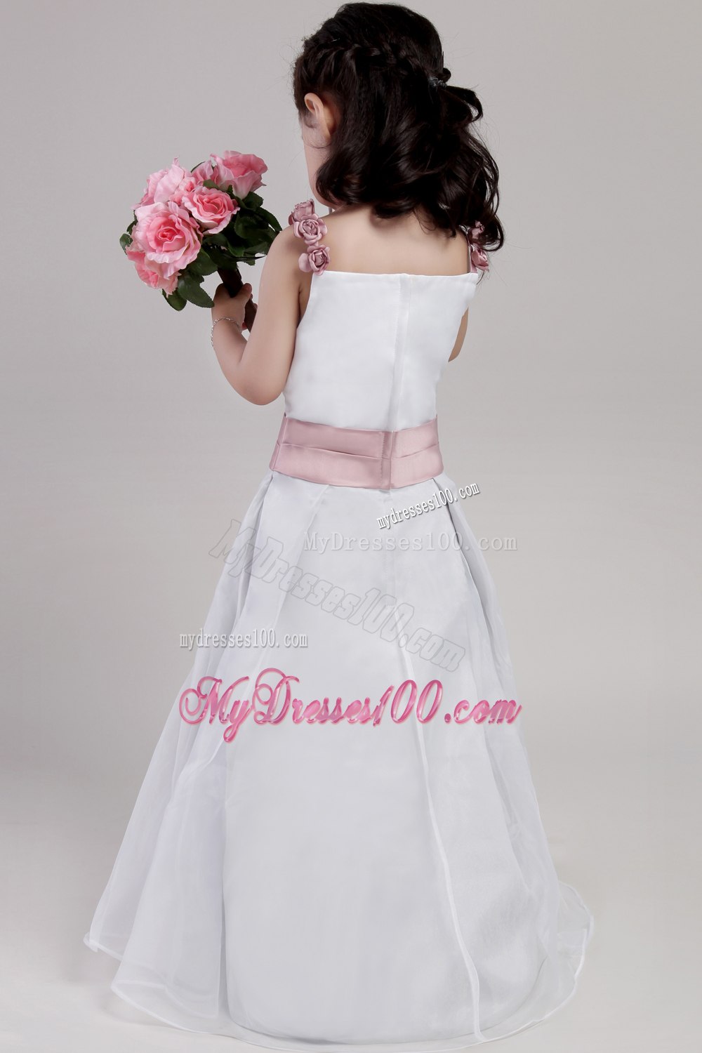 White A-line Straps Floor-length Taffeta and Organza Hand Made Flowers Flower Girl Dress