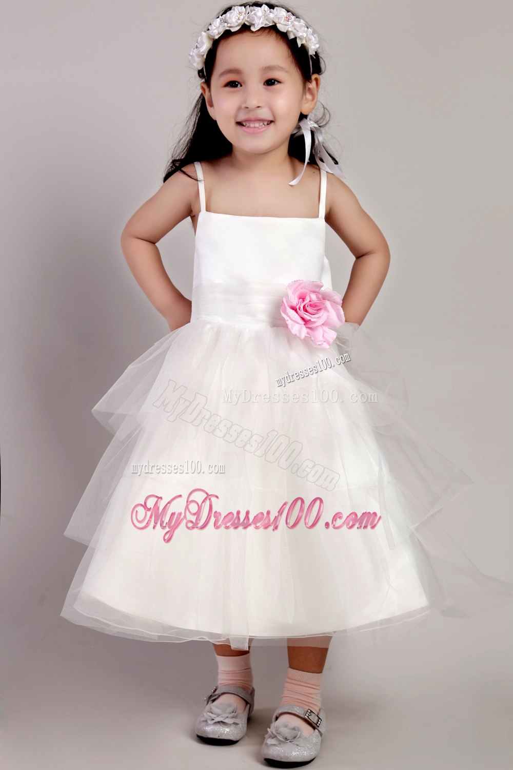 White A-line Straps Tea-length Tulle Hand Made Flower Little Girl Dress