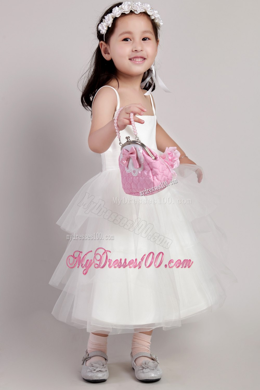 White A-line Straps Tea-length Tulle Hand Made Flower Little Girl Dress