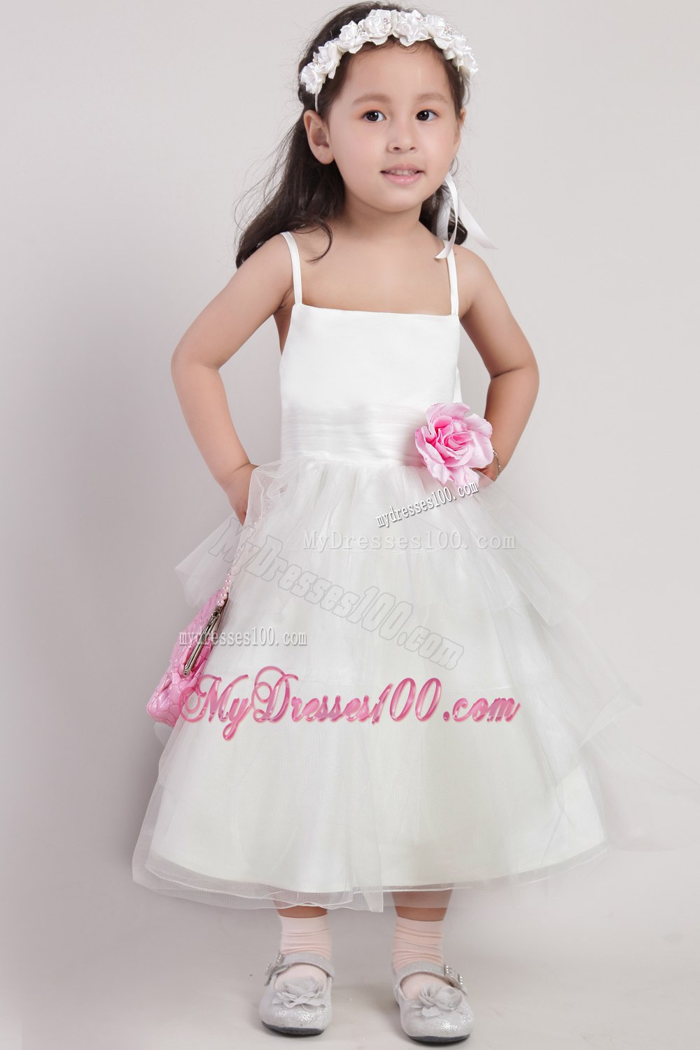 White A-line Straps Tea-length Tulle Hand Made Flower Little Girl Dress