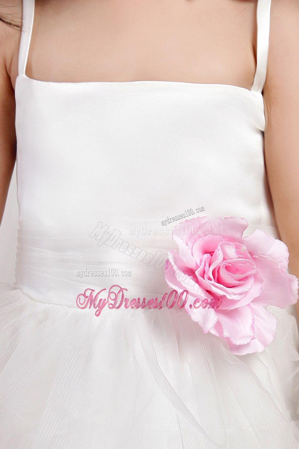 White A-line Straps Tea-length Tulle Hand Made Flower Little Girl Dress