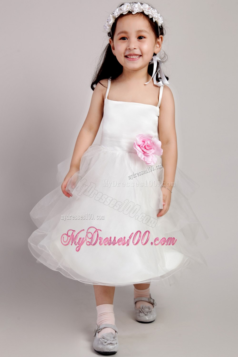 White A-line Straps Tea-length Tulle Hand Made Flower Little Girl Dress