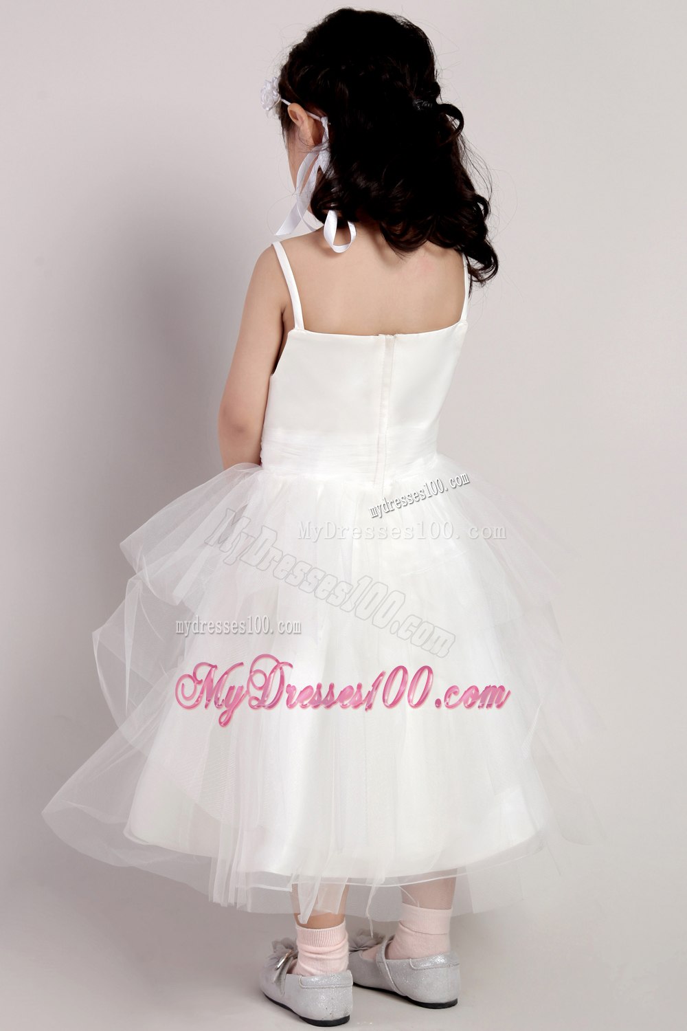 White A-line Straps Tea-length Tulle Hand Made Flower Little Girl Dress