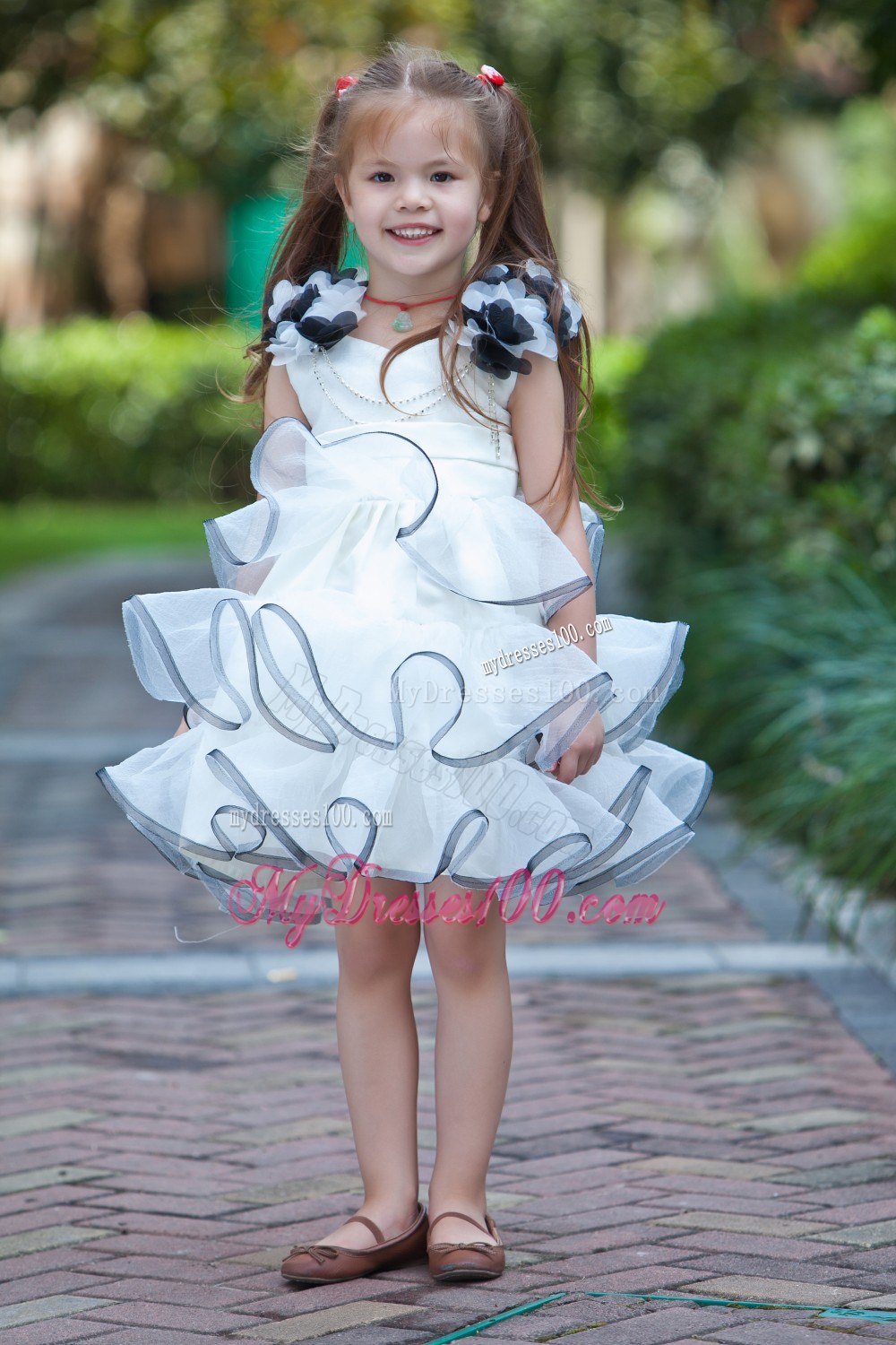White A-line V-neck Mini-length Taffeta and Organza Hand Made Flowers Flower Girl Dress