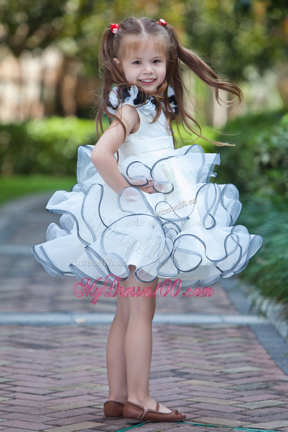 White A-line V-neck Mini-length Taffeta and Organza Hand Made Flowers Flower Girl Dress