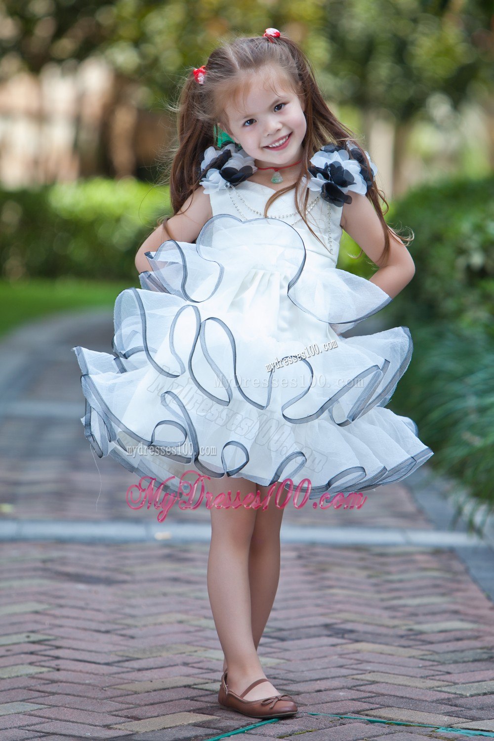 White A-line V-neck Mini-length Taffeta and Organza Hand Made Flowers Flower Girl Dress