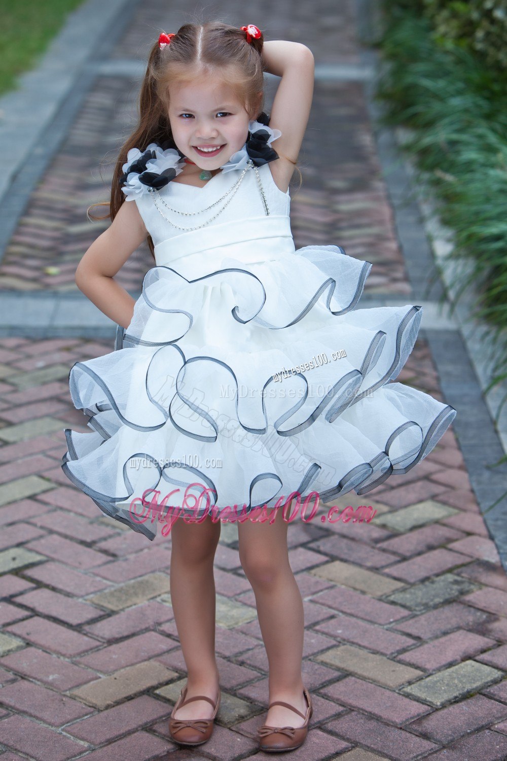 White A-line V-neck Mini-length Taffeta and Organza Hand Made Flowers Flower Girl Dress