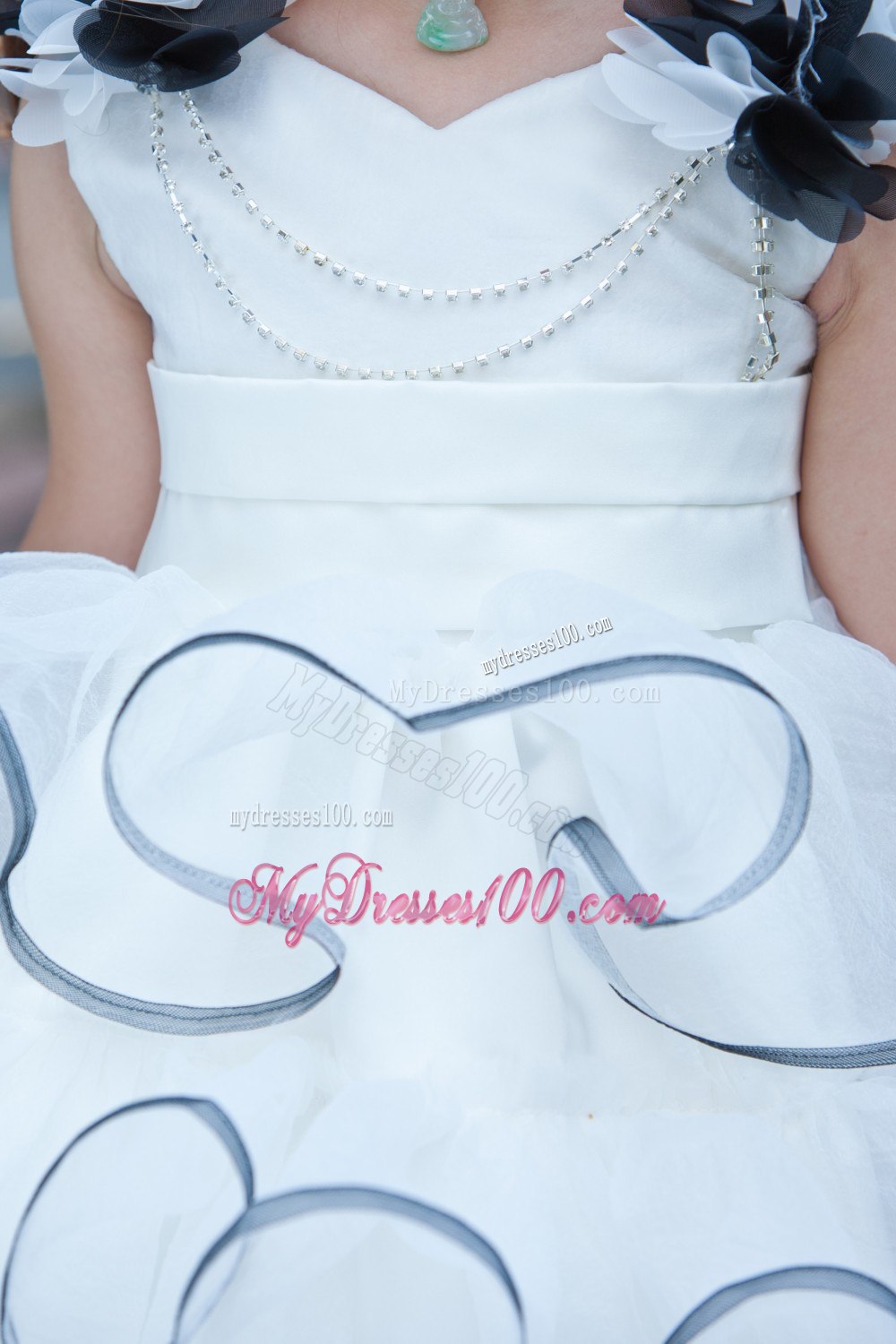 White A-line V-neck Mini-length Taffeta and Organza Hand Made Flowers Flower Girl Dress