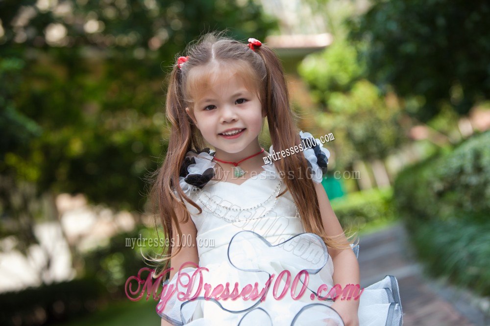 White A-line V-neck Mini-length Taffeta and Organza Hand Made Flowers Flower Girl Dress