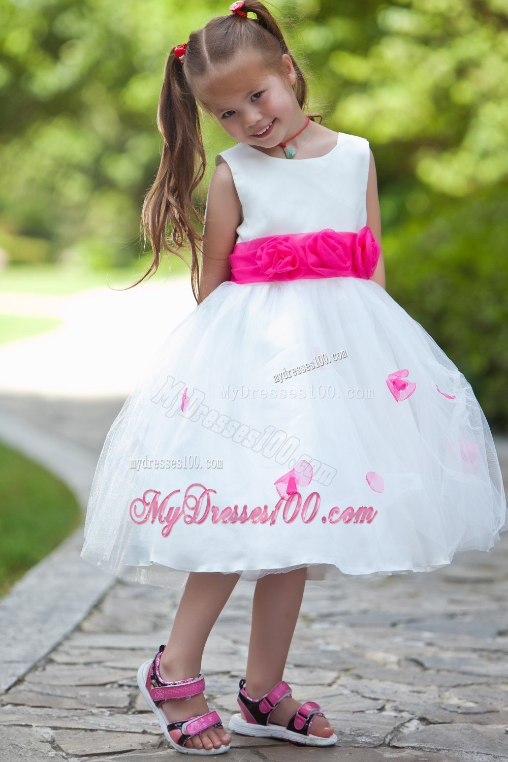 White Ball Gown Scoop Tea-length Taffeta and Tulle Flower Girl Dress