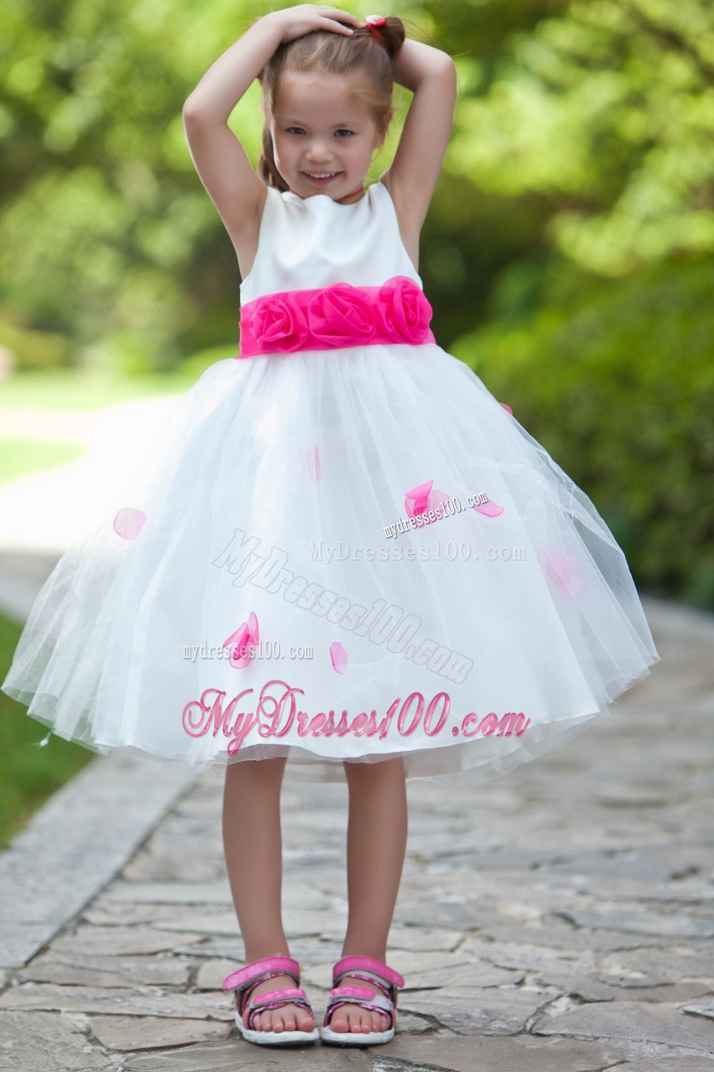 White Ball Gown Scoop Tea-length Taffeta and Tulle Flower Girl Dress