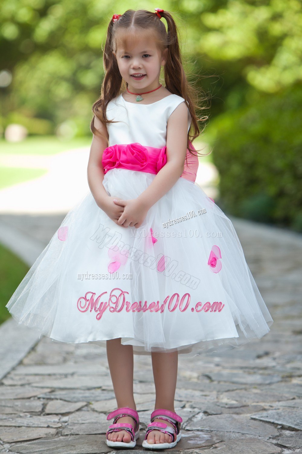 White Ball Gown Scoop Tea-length Taffeta and Tulle Flower Girl Dress