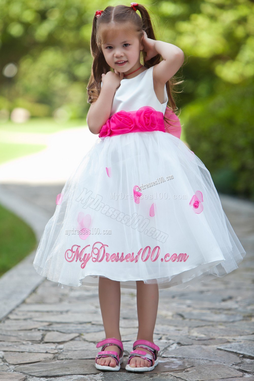 White Ball Gown Scoop Tea-length Taffeta and Tulle Flower Girl Dress