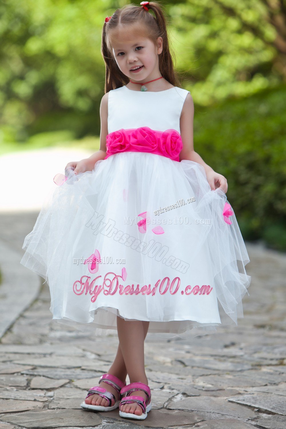 White Ball Gown Scoop Tea-length Taffeta and Tulle Flower Girl Dress
