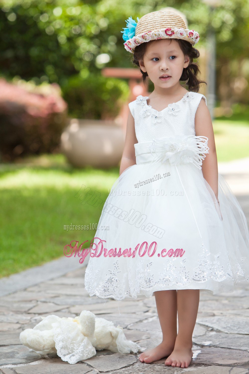 White Ball Gown V-neck Tea-length Taffeta and Organza Hand Made Flowers and Beading Flower Girl Dress