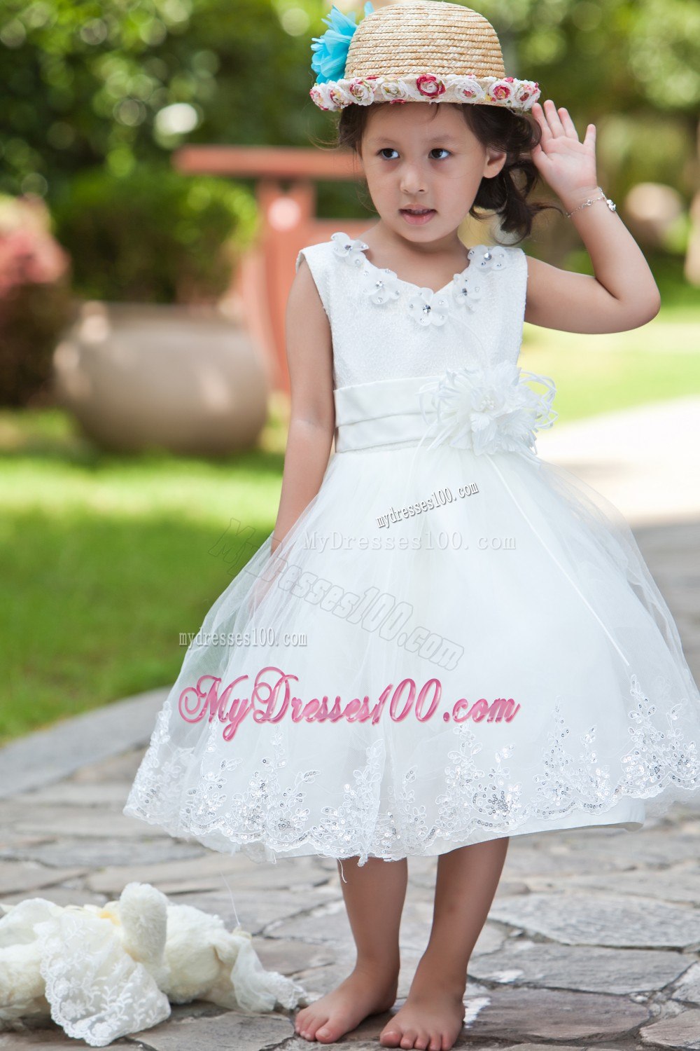 White Ball Gown V-neck Tea-length Taffeta and Organza Hand Made Flowers and Beading Flower Girl Dress